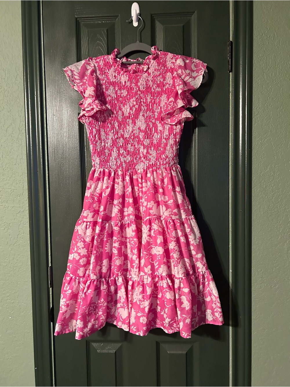 Girls' Pink Floral Smocked Ruffle Dress